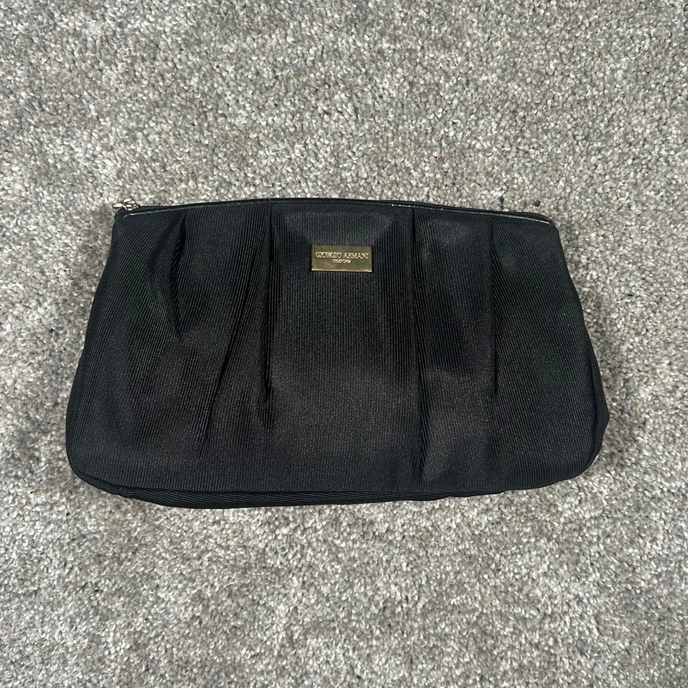 Giorgio Armani Parfums Black Pleated Cosmetic Makeup Bag Pouch Gold Logo